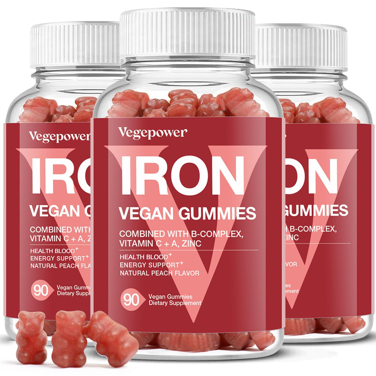 VEGEPOWER iron gummies peach bottle for daily iron support