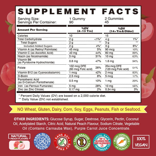 Close-up of peach-flavored VEGEPOWER gummies showing gentle stomach care.