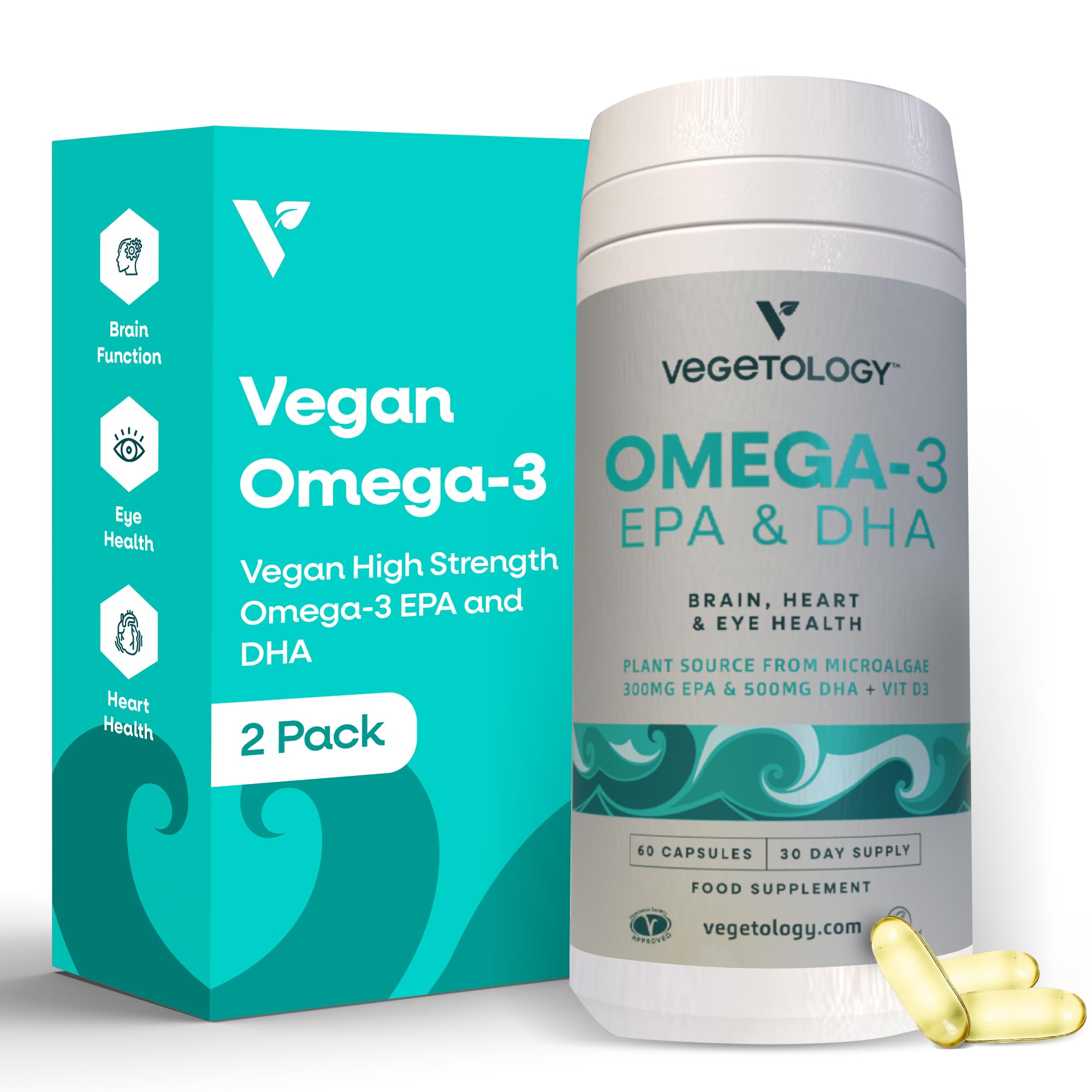 VEGETOLOGY Vegan Omega-3 softgels bottle supports daily brain, heart, and eye health