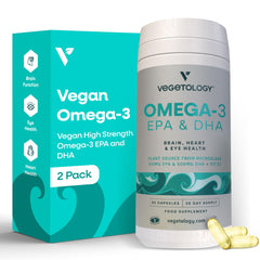 VEGETOLOGY Vegan Omega-3 softgels bottle supports daily brain, heart, and eye health