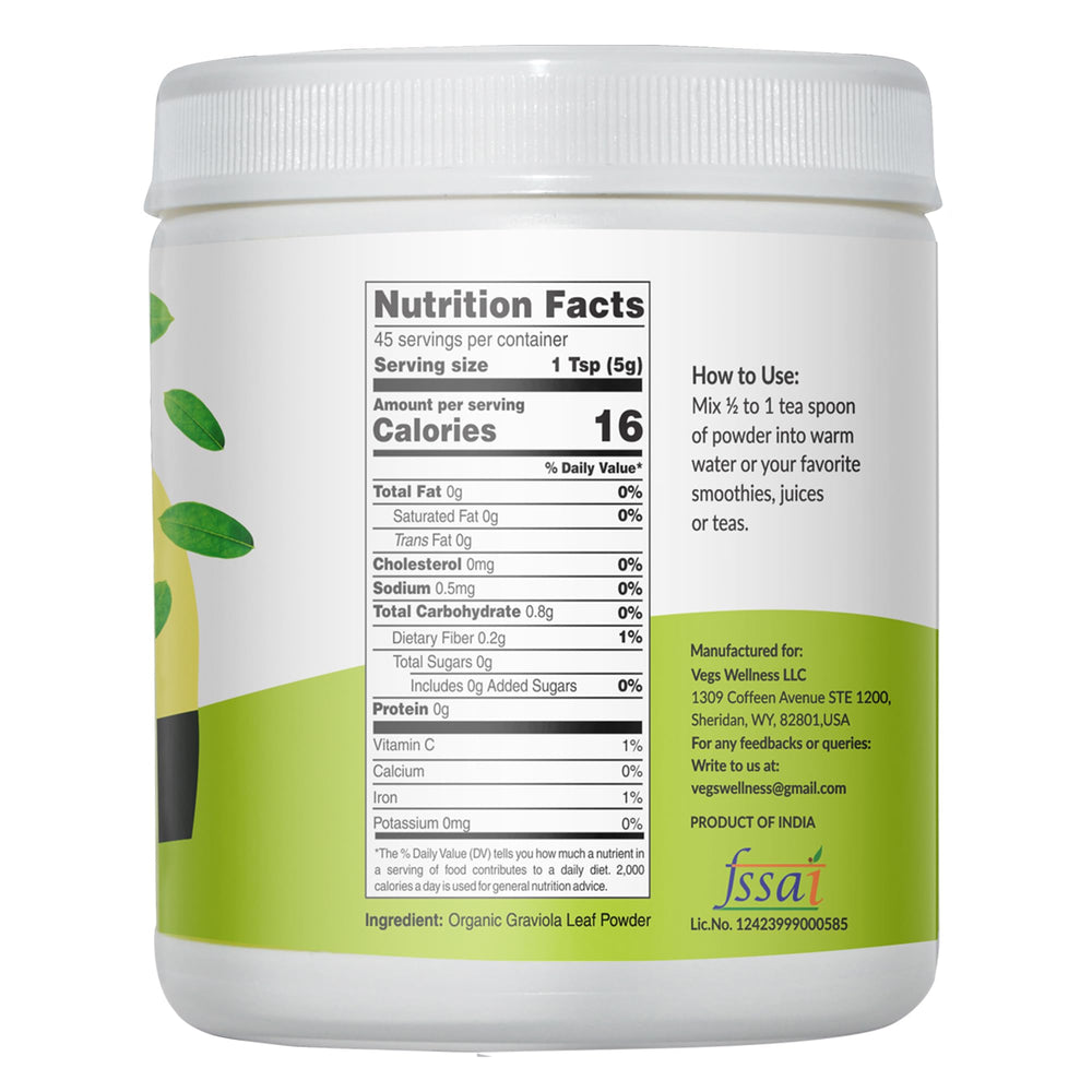 Vegs Graviola leaf powder bottle close-up, convenient daily supplement in your pantry.