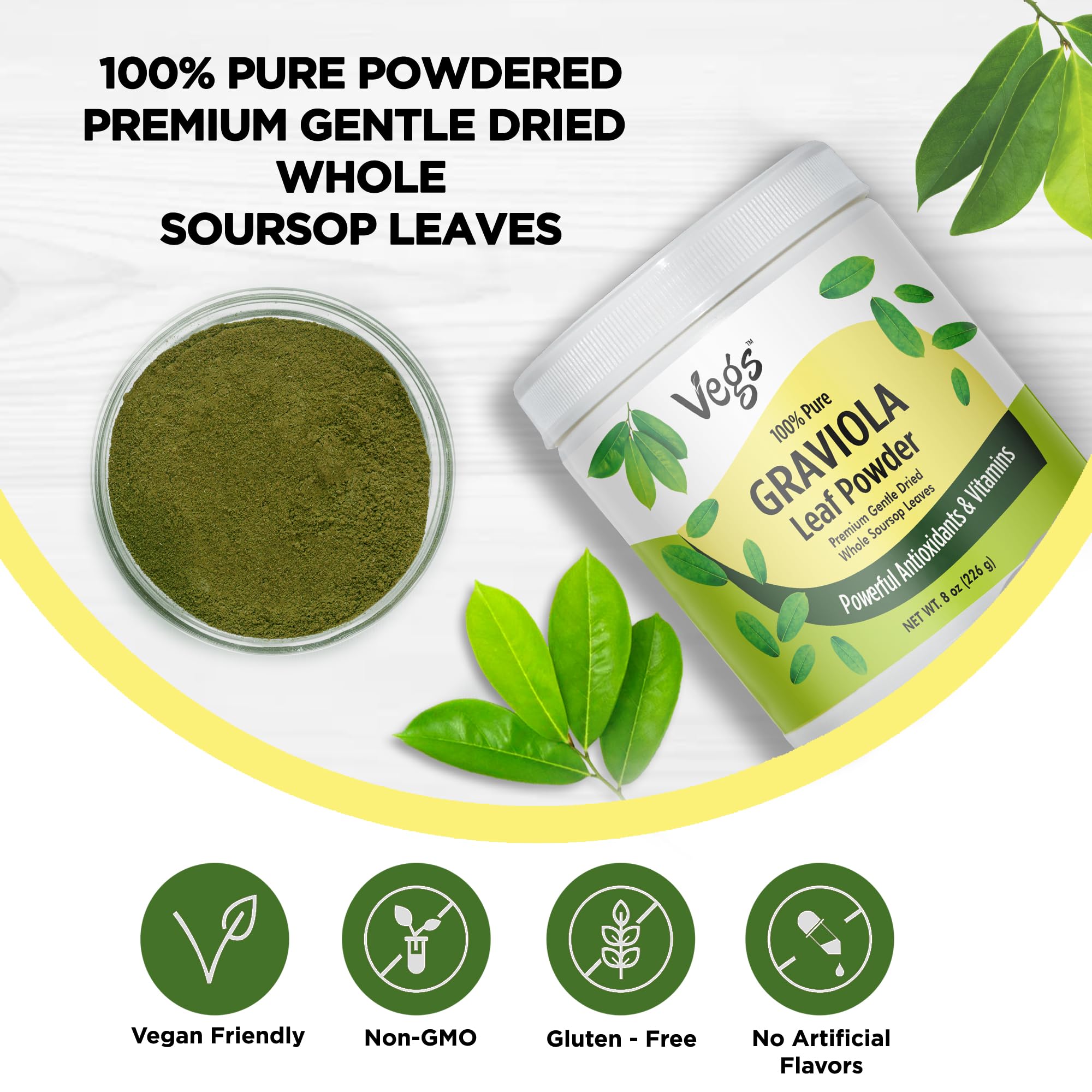 Vegs Graviola leaf powder dispensing scoop, easy measuring for shakes and teas.