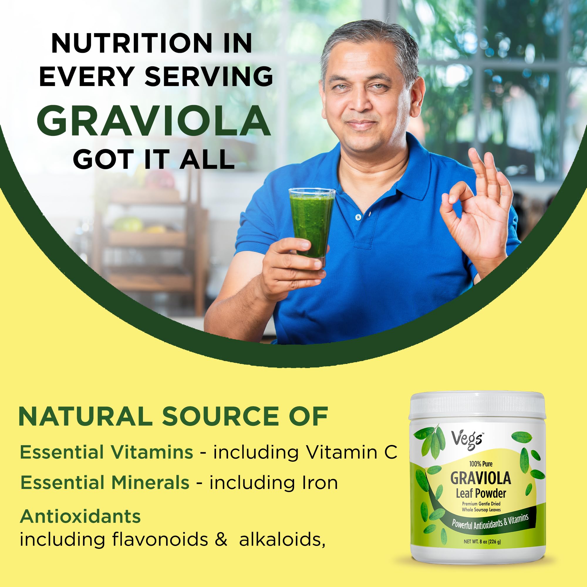 Vegs Graviola leaf powder in smoothie bowl, fiber and nutrients on the go.