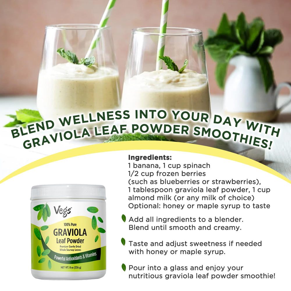 Vegs Graviola leaf powder jar on kitchen shelf, easy daily use.