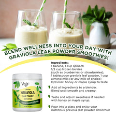 Vegs Graviola leaf powder jar on kitchen shelf, easy daily use.