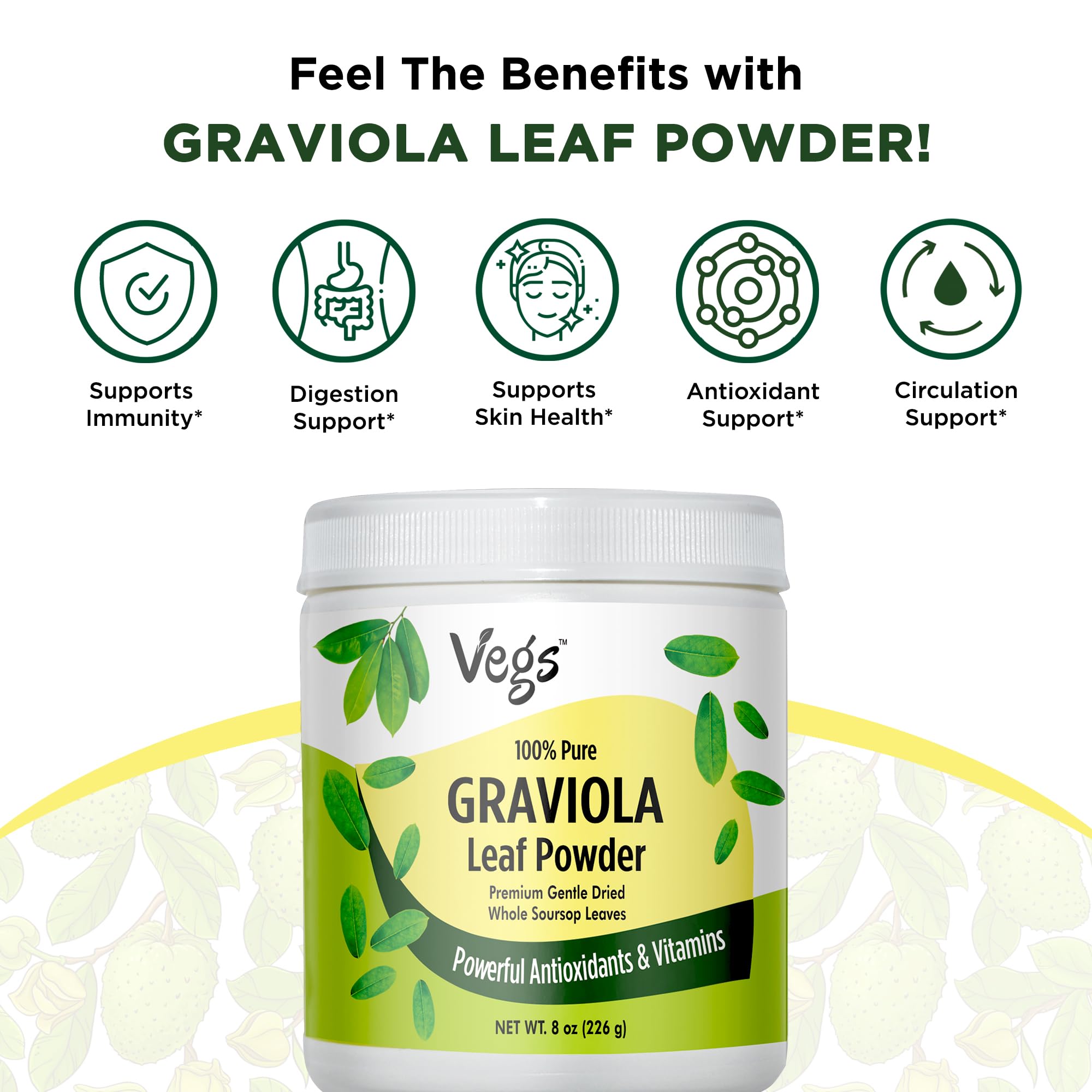 Vegs Graviola leaf powder organic label, clean ingredients and no additives.