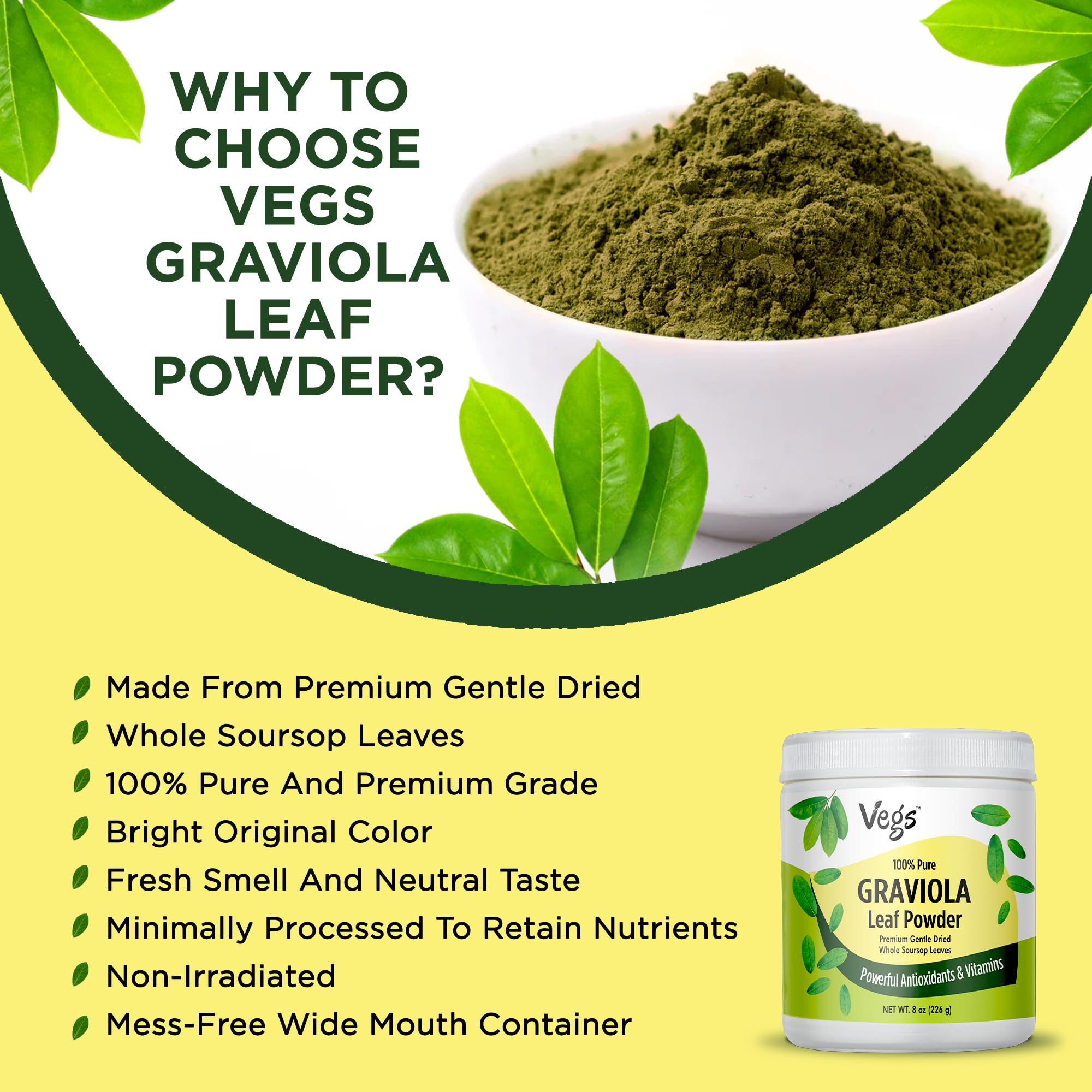 Vegs Graviola leaf powder being poured into a glass, natural energy boost.