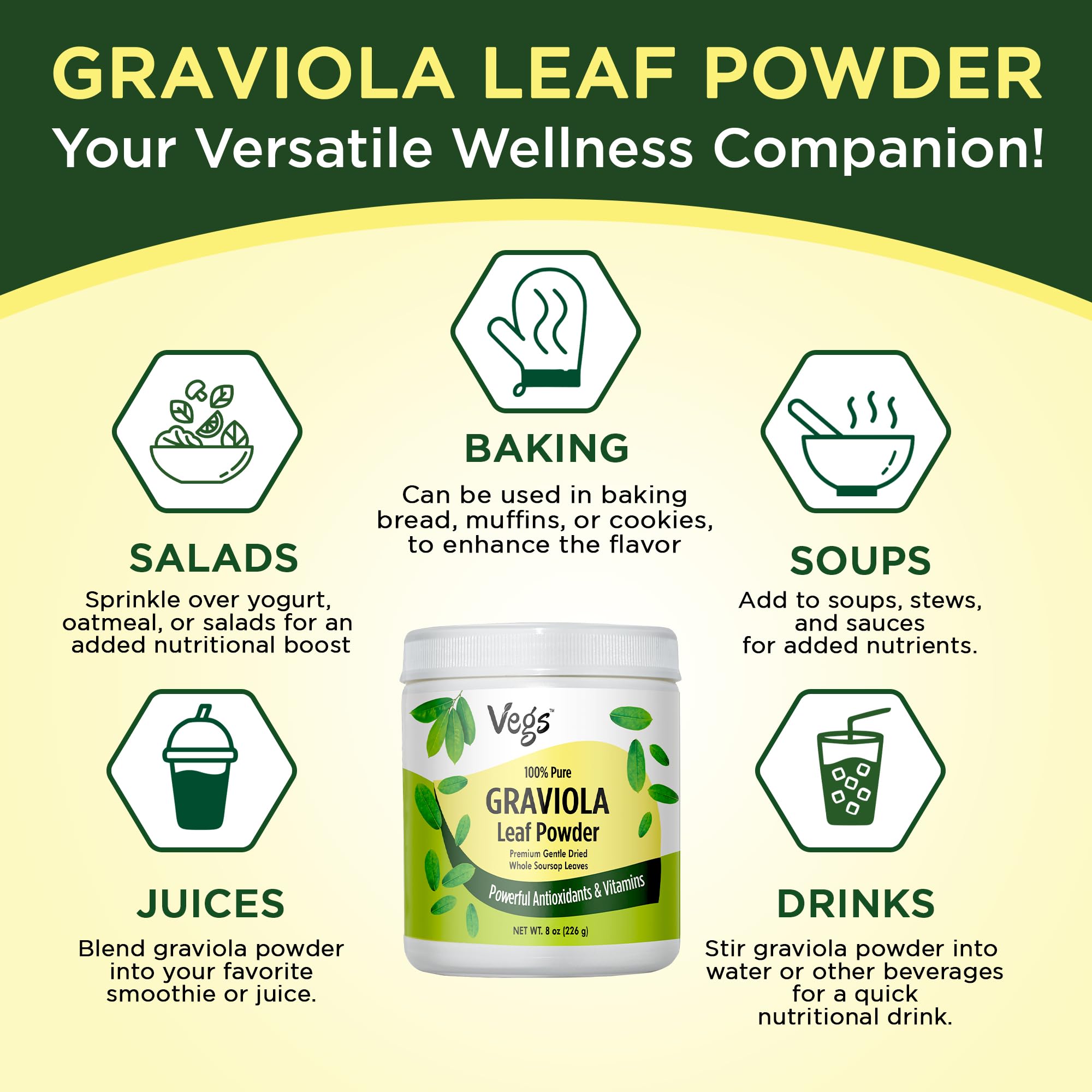 Vegs Graviola leaf powder sachet, compact packaging for travel use.