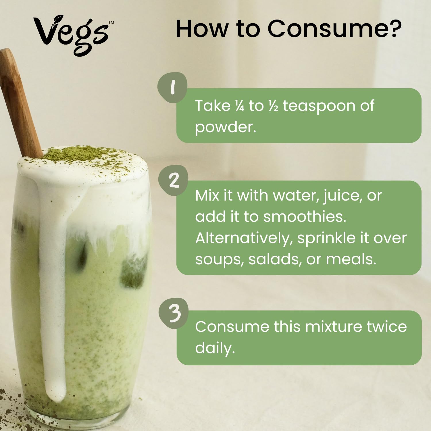 Vegs Moringa packaging shows purity with no fillers or additives.