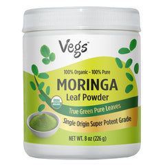 Vegs Moringa Powder bottle showcases pure organic moringa for daily wellness.