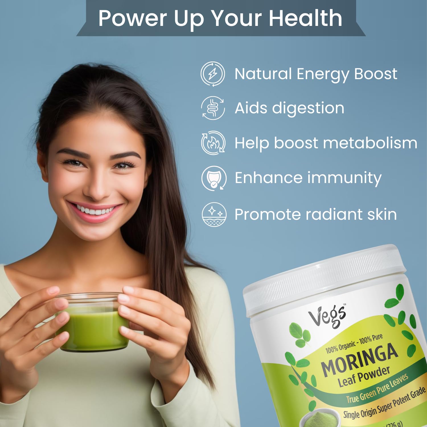 Moringa Powder in smoothie with fruit for a vibrant morning.