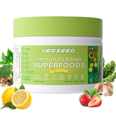 Vegseed Immunity Greens bottle highlighting plant-based powder for daily nutrition support