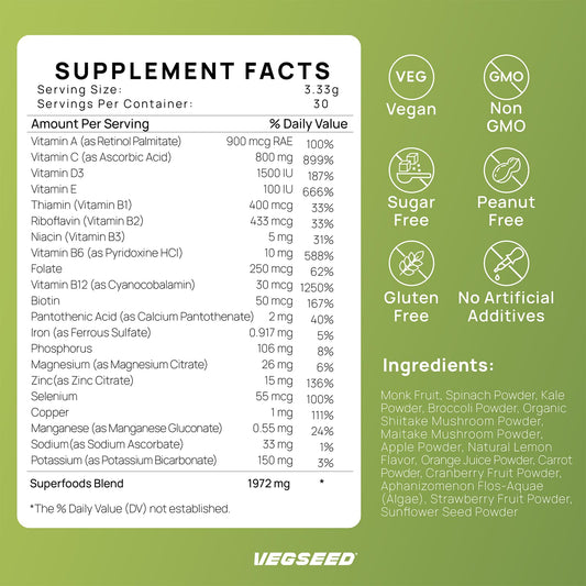 Close-up of Vegseed Immunity Greens label showing 21 vitamins and minerals