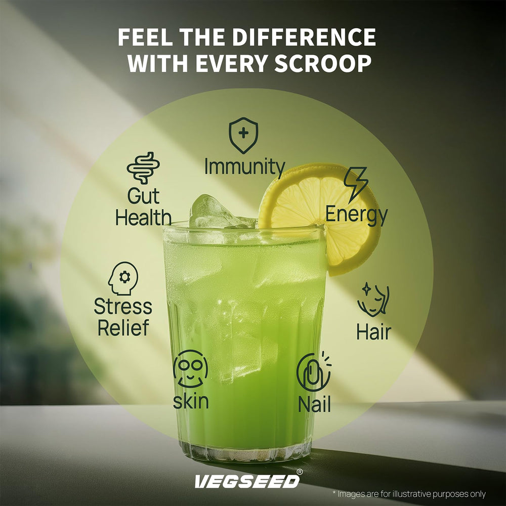 Pour Vegseed Immunity Greens into glass to show easy mixing with water or juice