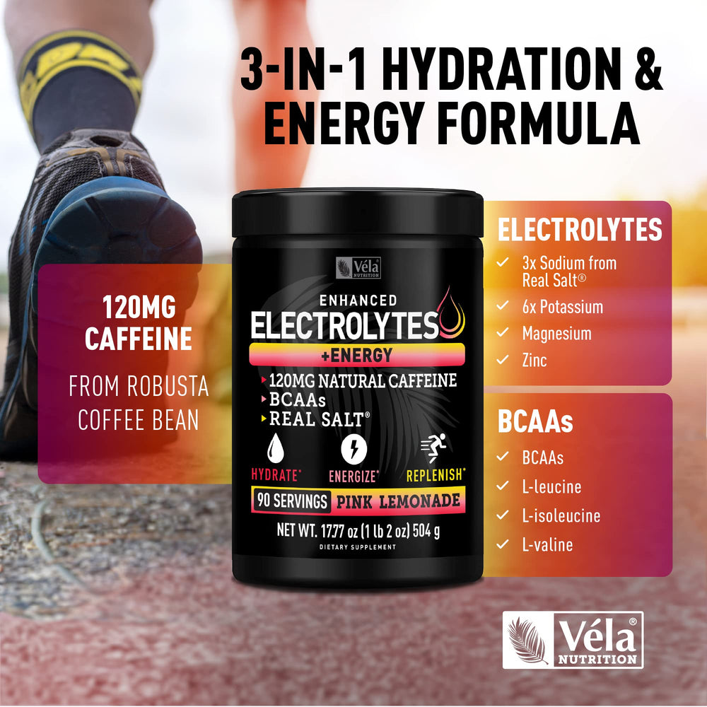 Véla ingredients panel highlighting potassium, magnesium, zinc for hydration support.