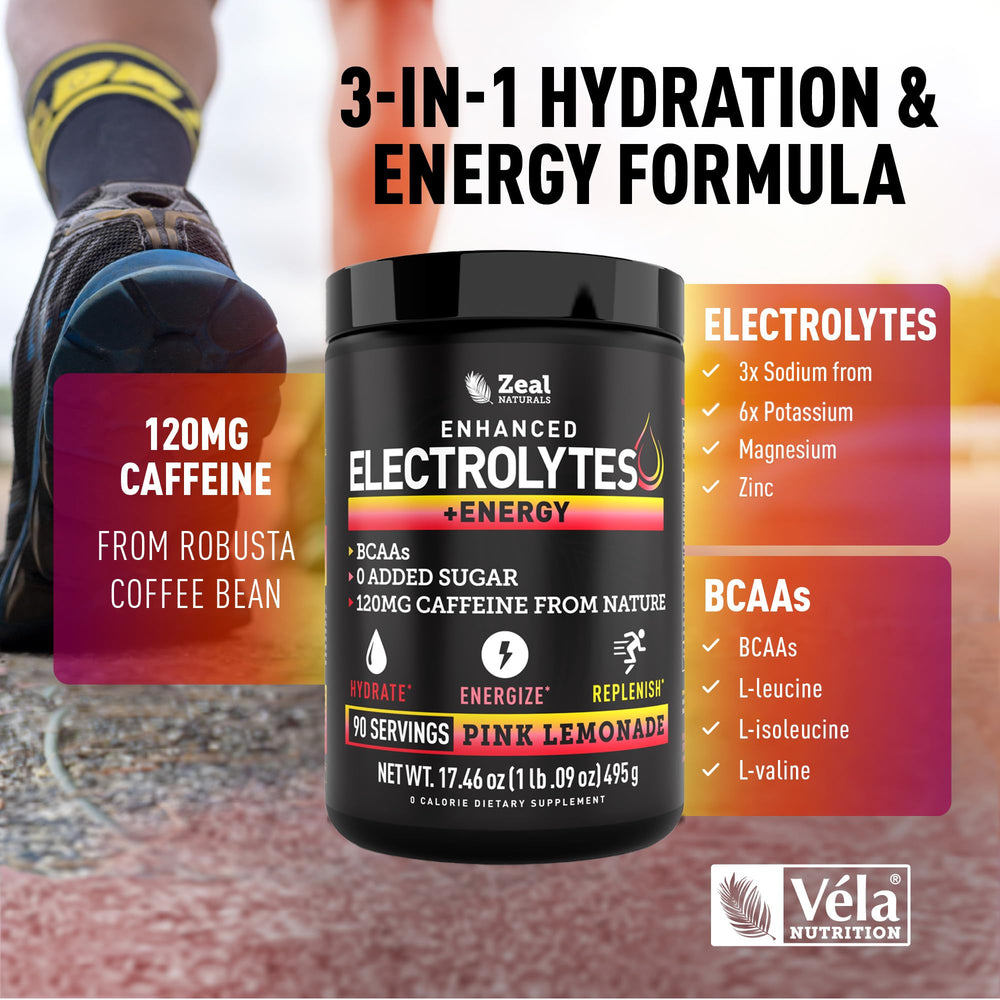 Véla powder scoop close-up emphasizing BCAAs and vitamins for recovery.