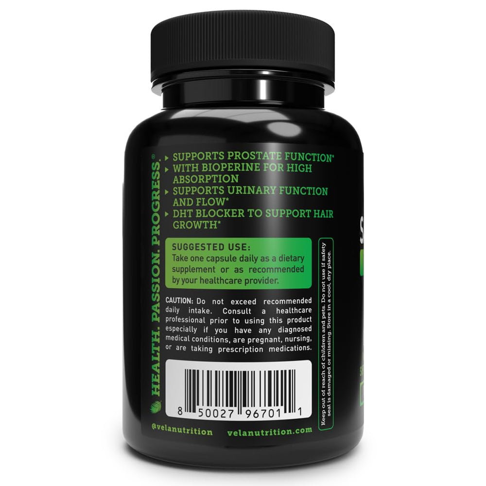 Véla Saw Palmetto bottle and label showing 100 servings for ongoing use.