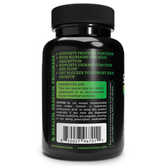 Véla Saw Palmetto bottle and label showing 100 servings for ongoing use.