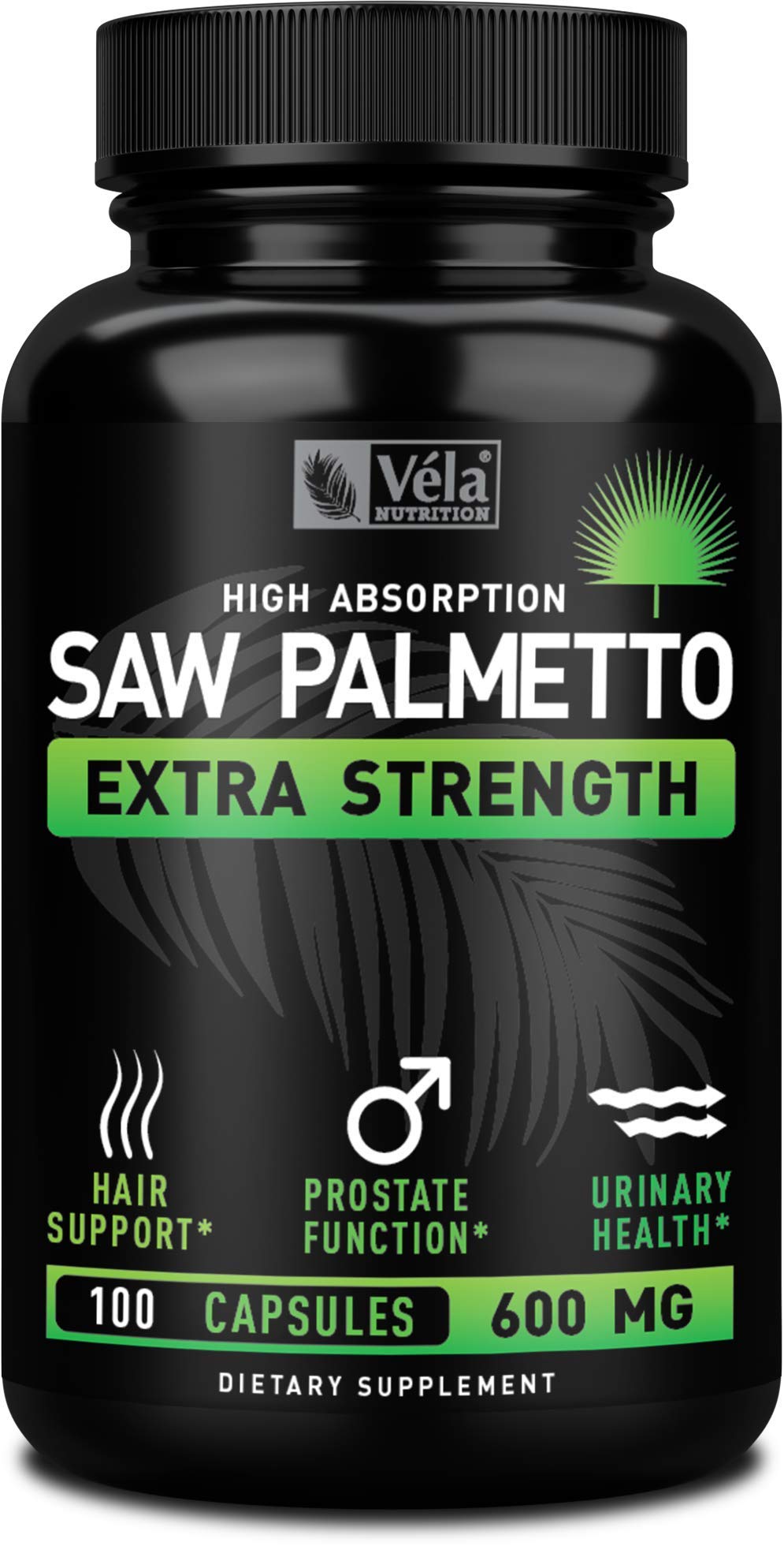 Véla Saw Palmetto extra-strength bottle with 600 mg capsules for daily use.