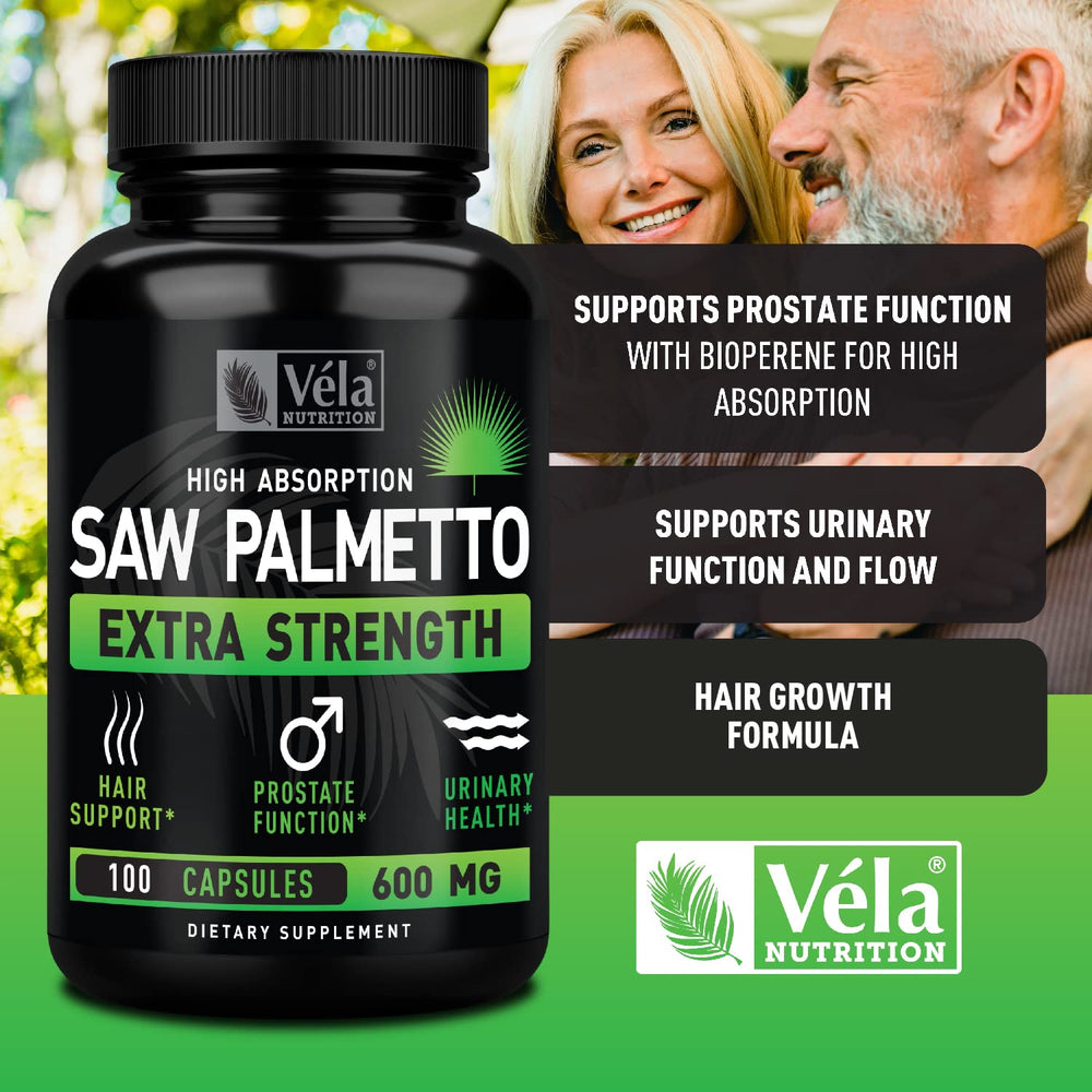 Véla Saw Palmetto no-odor feature highlighted on bottle.