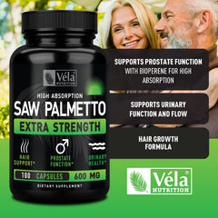 Véla Saw Palmetto no-odor feature highlighted on bottle.