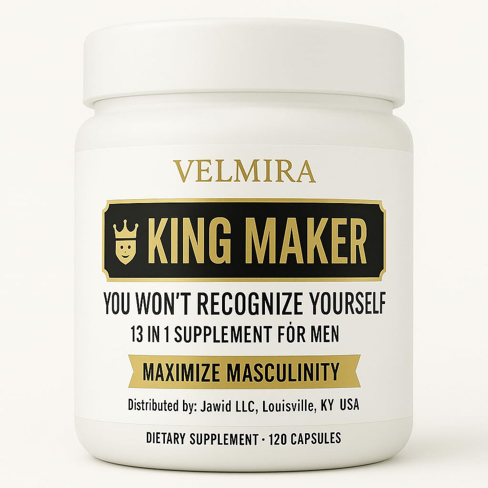 Velmira King Maker bottle front supports daily vitality and wellness.