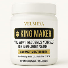 Velmira King Maker bottle front supports daily vitality and wellness.
