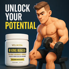 Velmira King Maker vitamin D3 tablet highlights bone and muscle support.