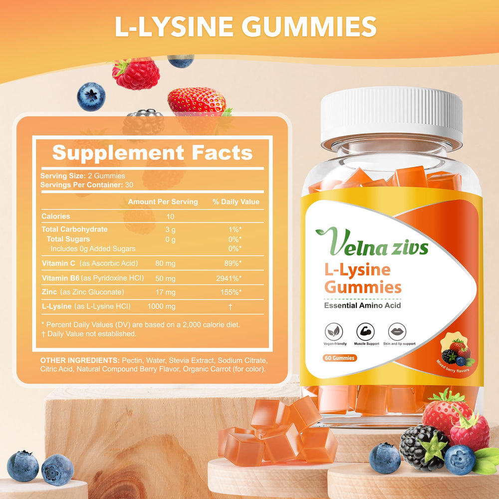 Closeup of Velna zivs L-Lysine Gummies showing soft chew and daily use.