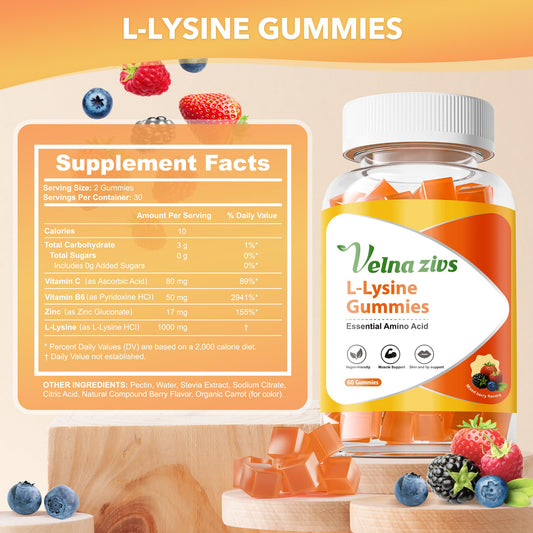 Closeup of Velna zivs L-Lysine Gummies showing soft chew and daily use.