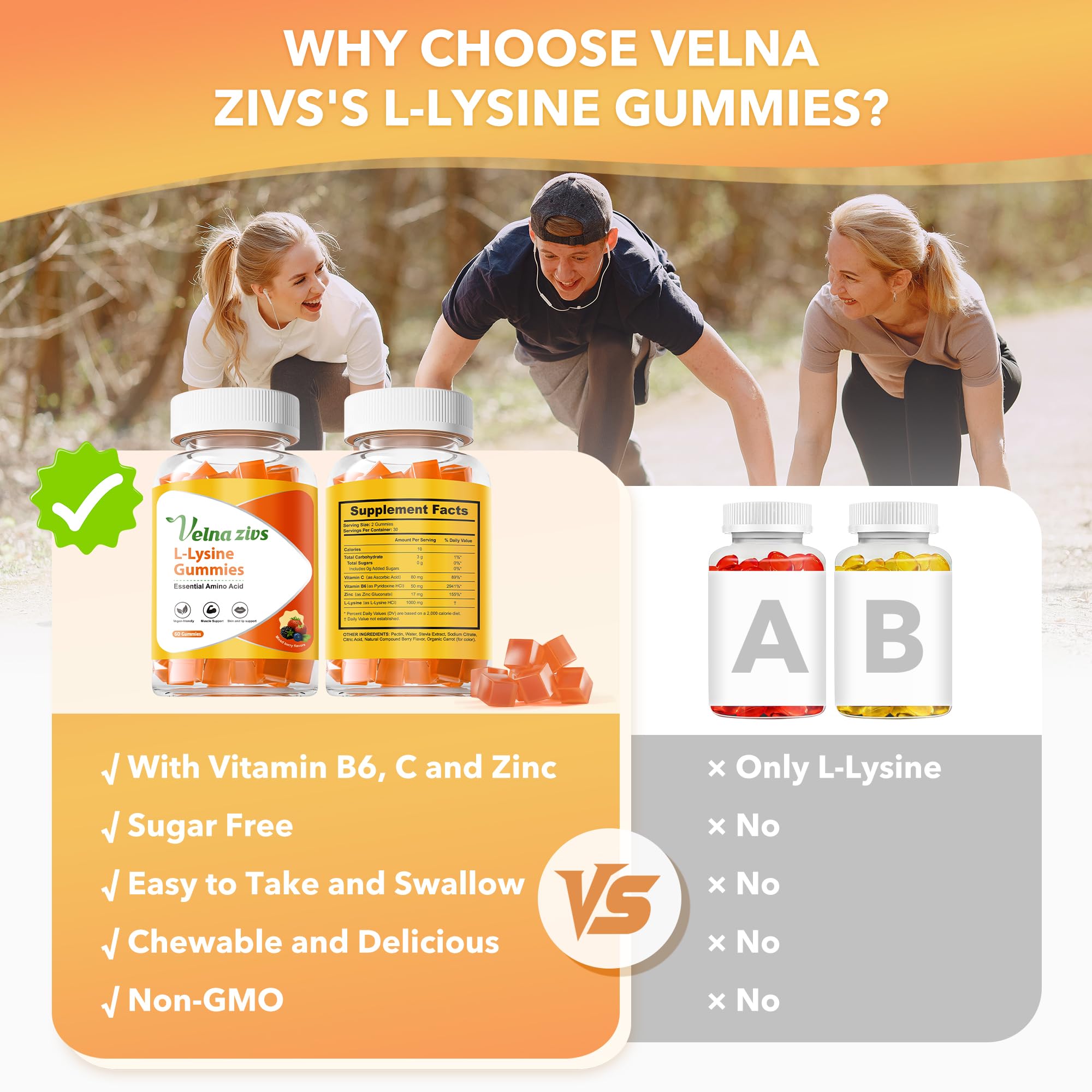 No artificial colors or preservatives noted on Velna zivs L-Lysine Gummies packaging.