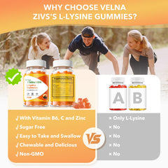 No artificial colors or preservatives noted on Velna zivs L-Lysine Gummies packaging.