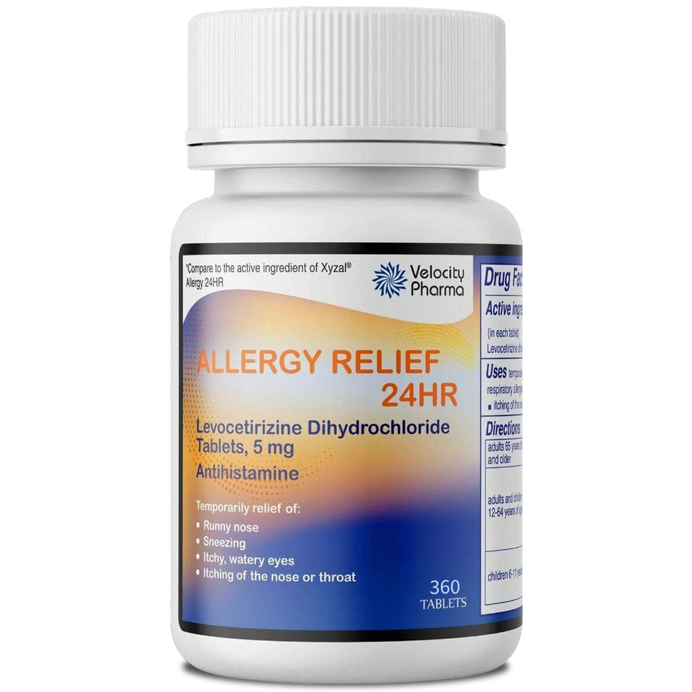 Velocity Pharma Levocetirizine 5 mg tablets in a bottle for 24-hour non-drowsy relief.
