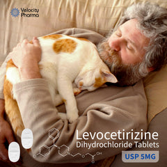 Velocity Pharma Levocetirizine tablets close-up highlighting 5 mg dosage.