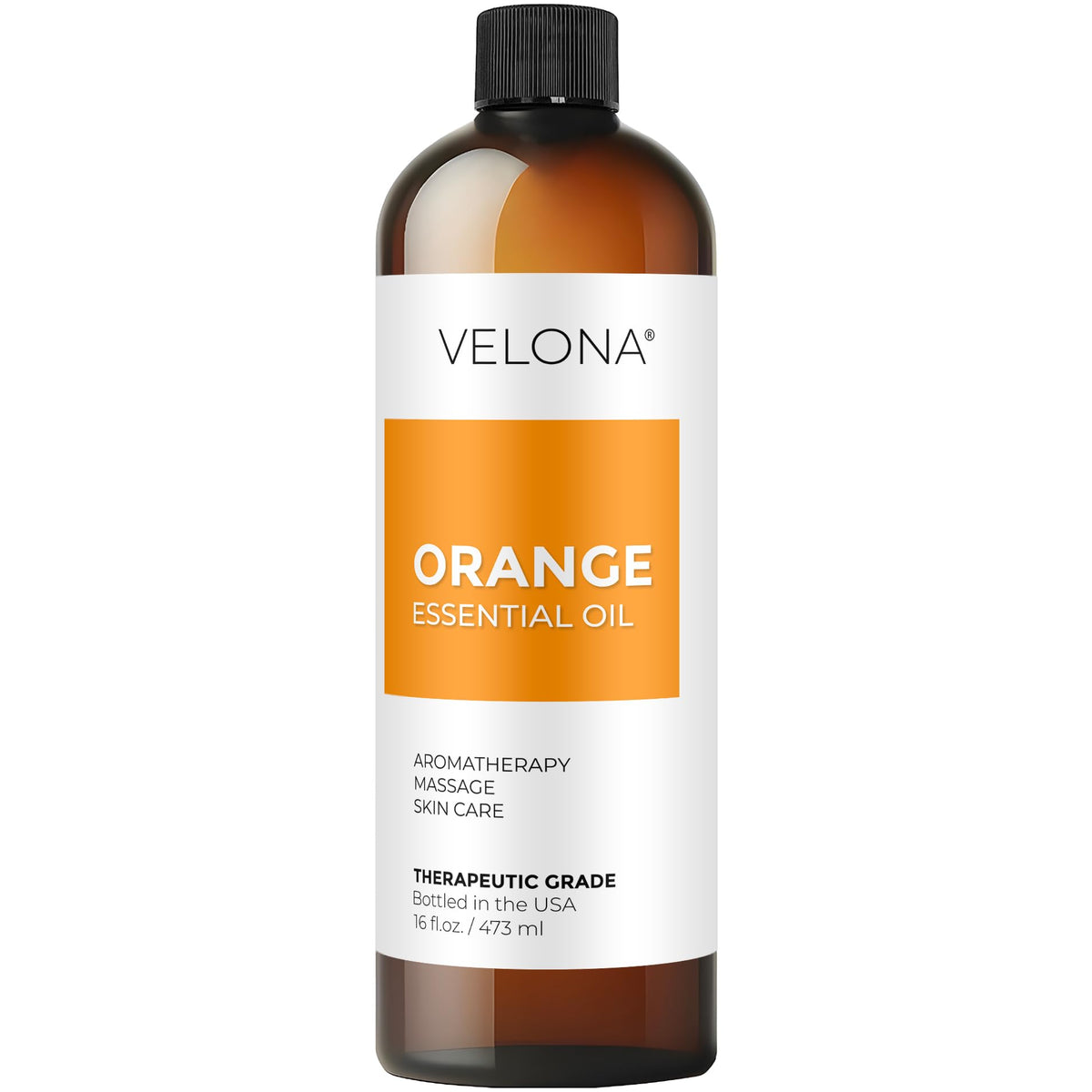 Velona Orange Essential Oil 16oz bottle for premium aromatherapy and fragrance.
