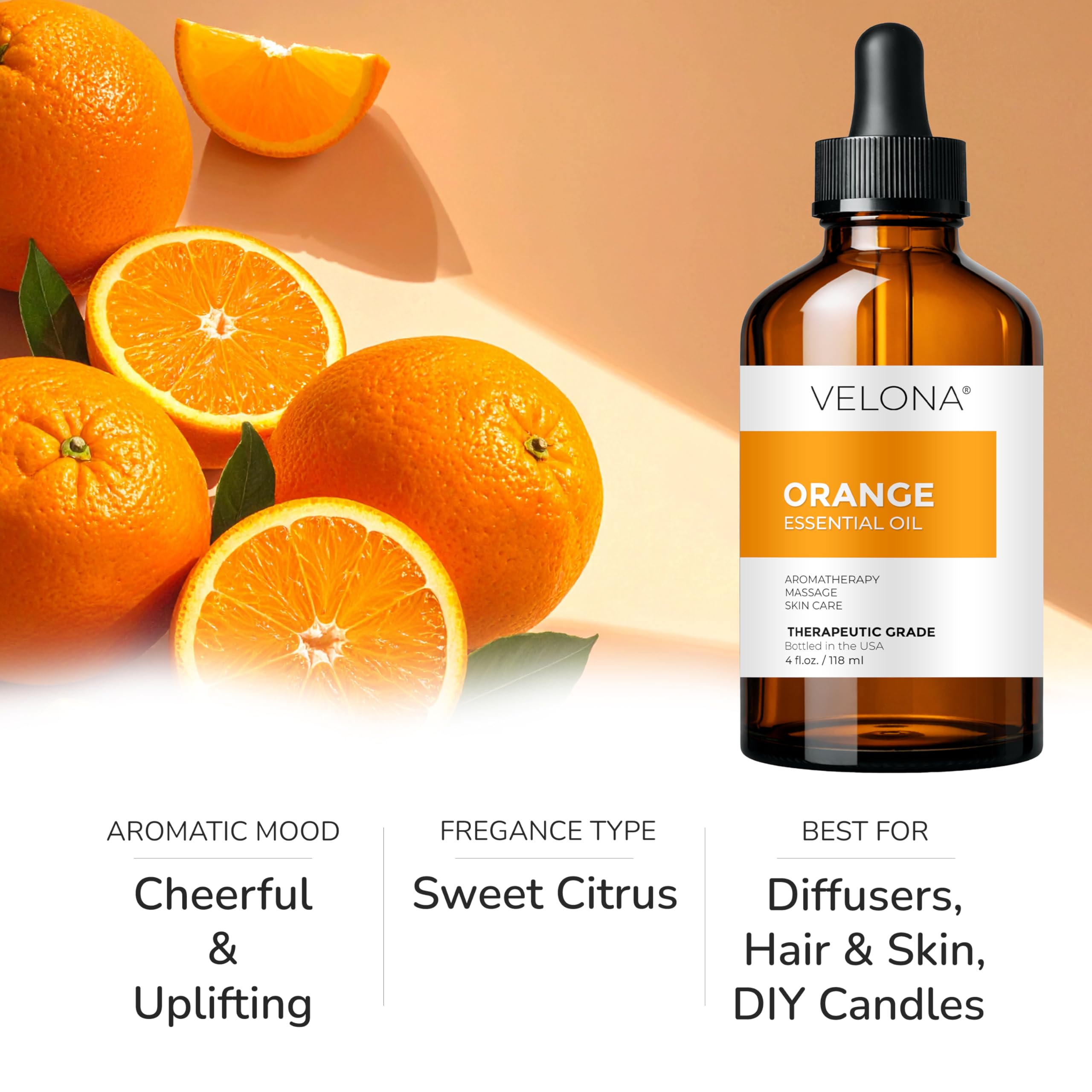 Velona Orange Essential Oil diffuser setup showcasing uplifting scent and mood boost.