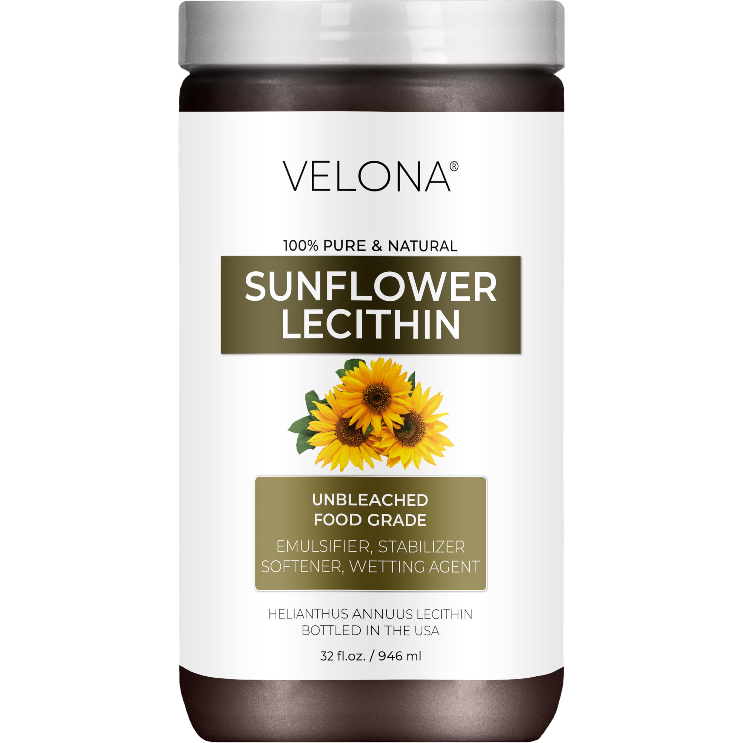Velona Pure Liquid Sunflower Lecithin bottle pouring for smooth emulsions in recipes