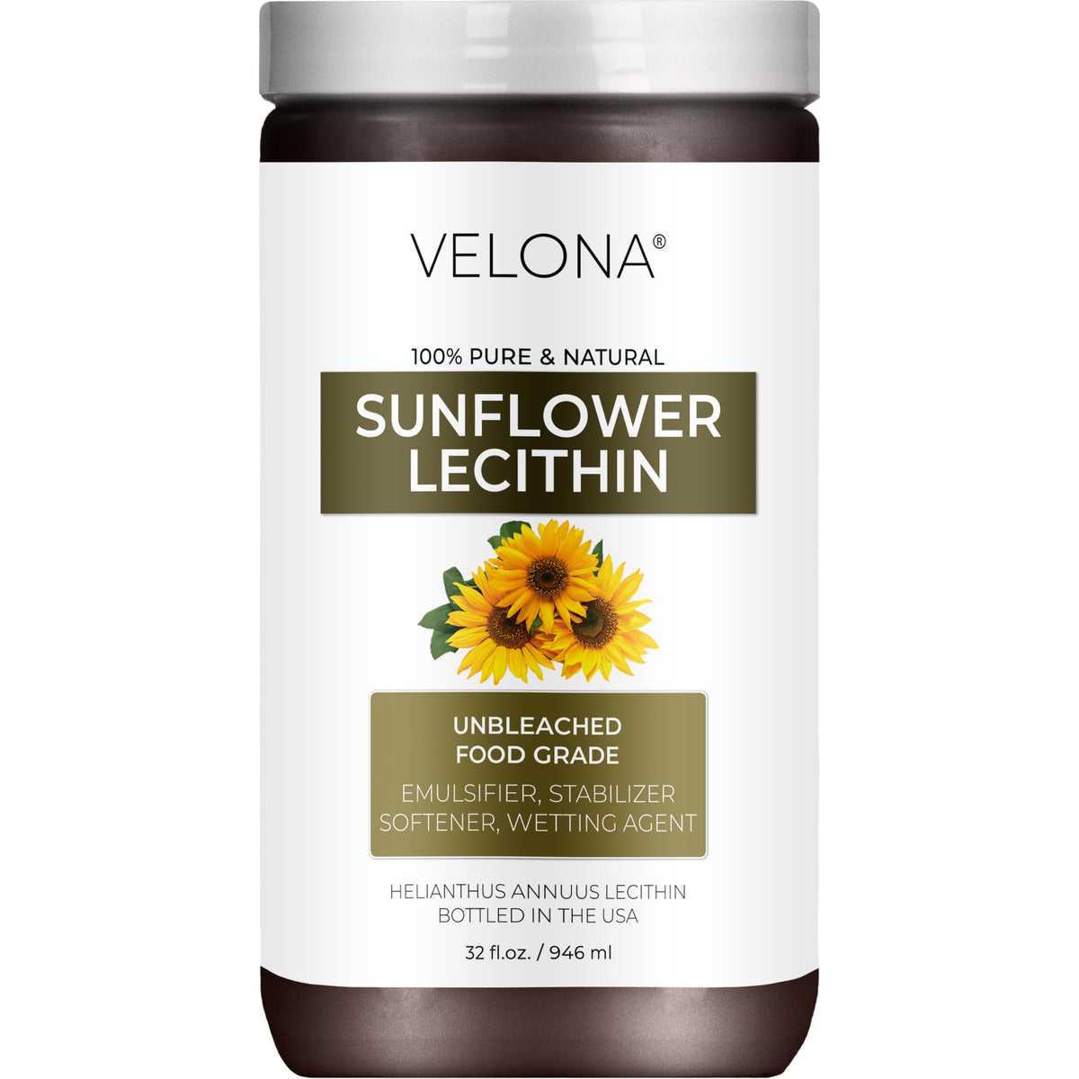 Velona Pure Liquid Sunflower Lecithin bottle pouring for smooth emulsions in recipes