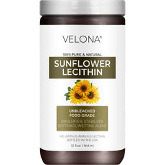 Velona Pure Liquid Sunflower Lecithin bottle pouring for smooth emulsions in recipes