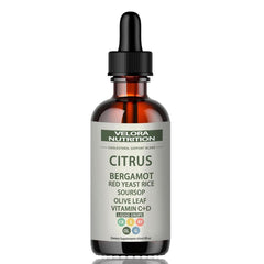 Velora Red Yeast Rice Drops citrus bottle offers convenient daily support for healthy cholesterol levels.
