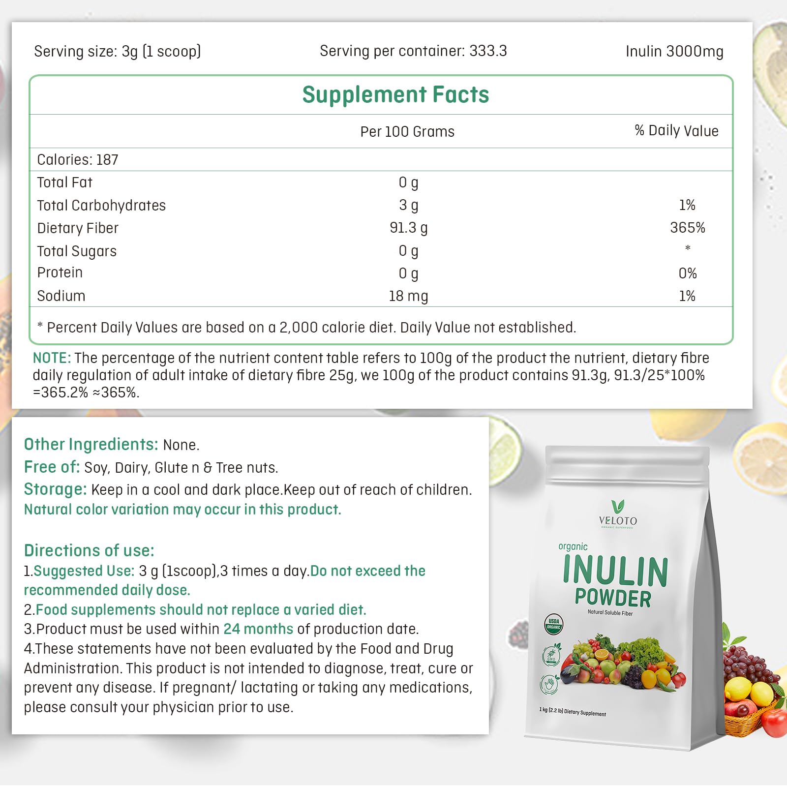 VELOTO Inulin Powder scoop beside the bulk bag for precise daily dosing.