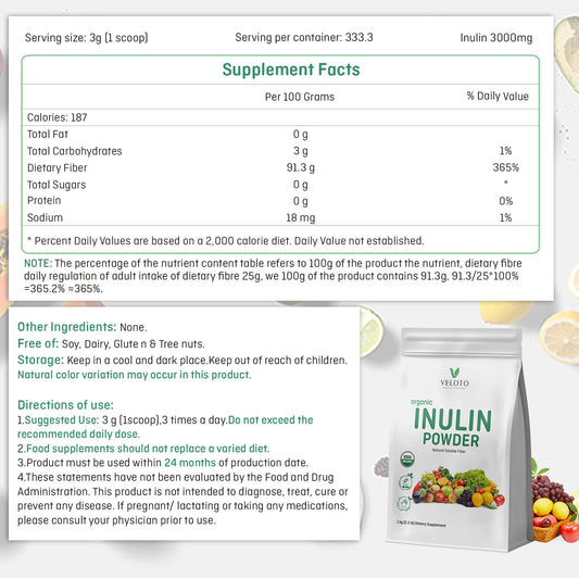VELOTO Inulin Powder scoop beside the bulk bag for precise daily dosing.