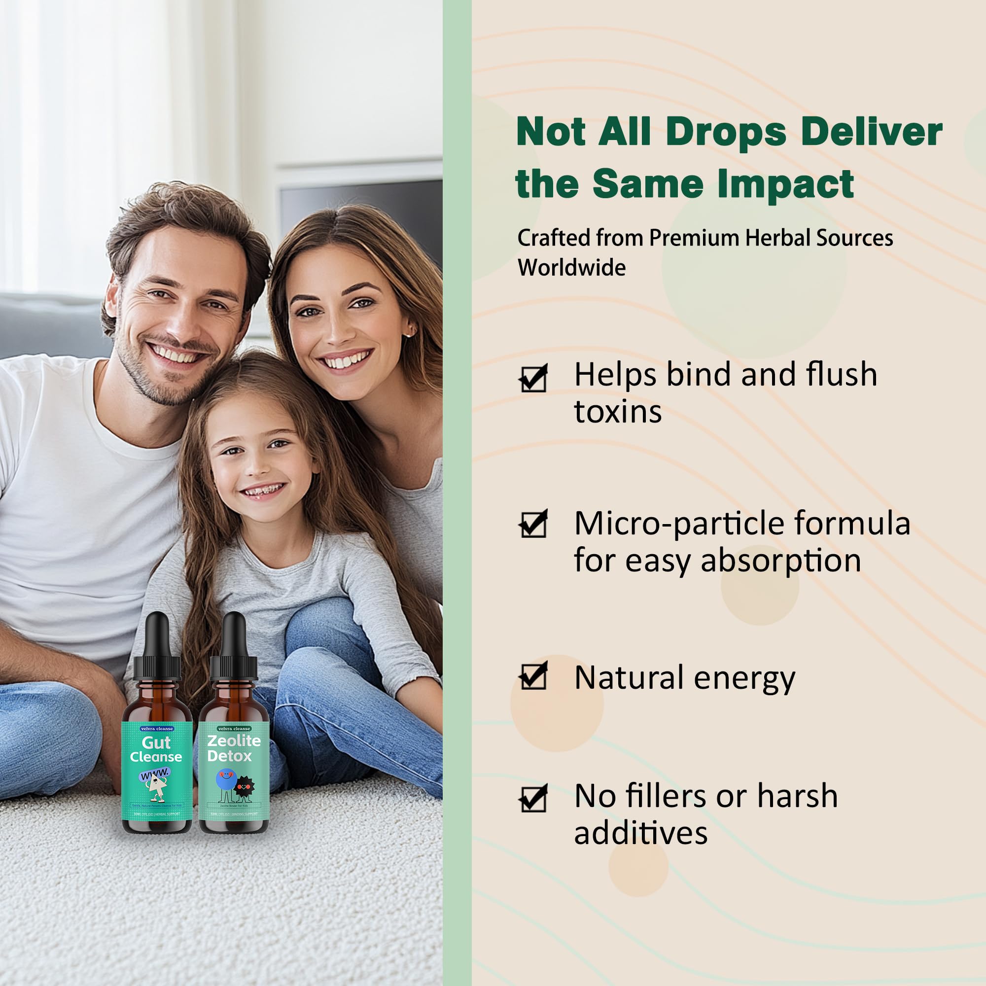 Velvra Cleanse drops dispense into juice for gentle detox.