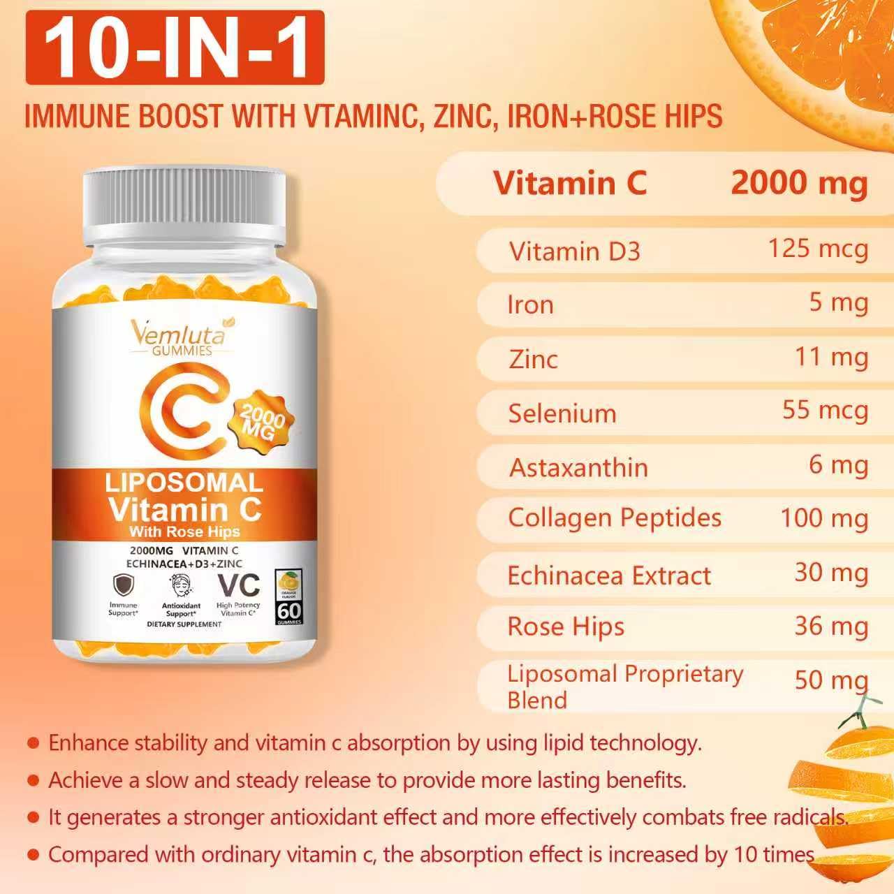 Vemluta orange-flavored gummies close-up highlights tasty daily nutrition.