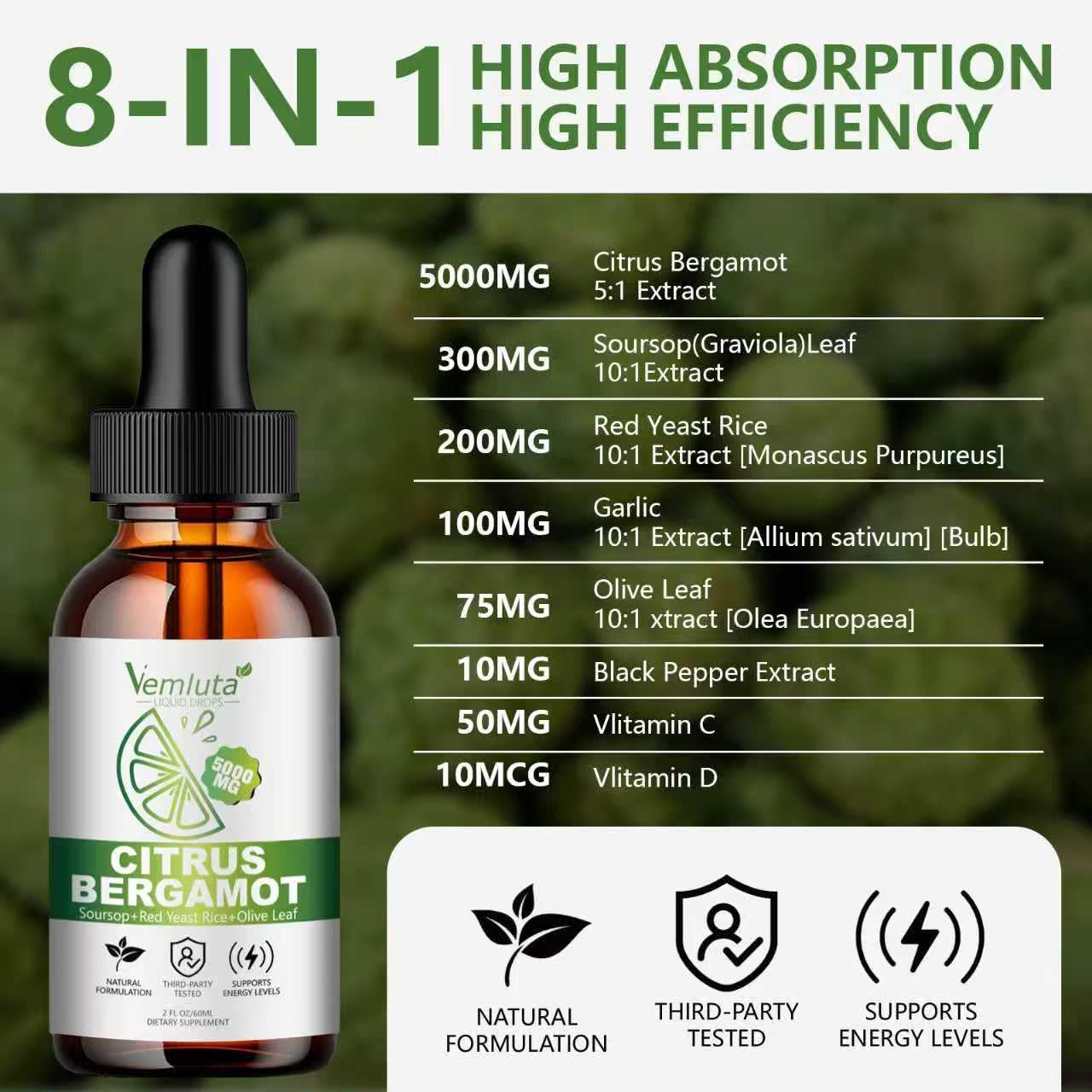 Vemluta Soursop Graviola Leaves drops highlighting immune and digestive support.