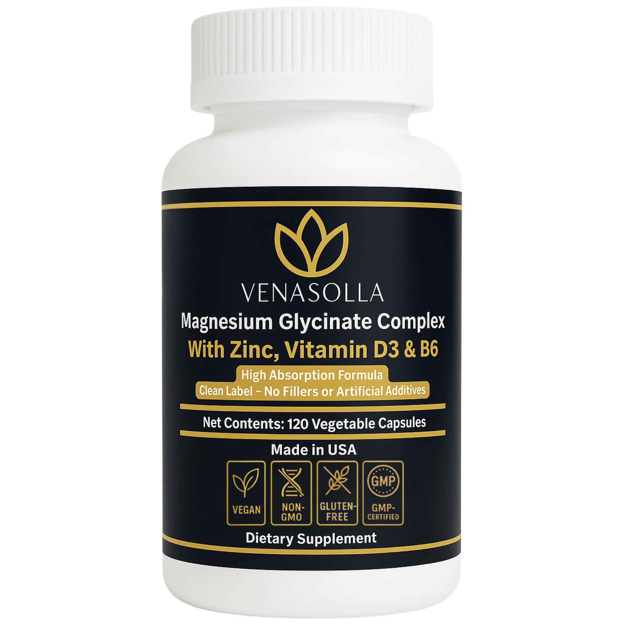 Venasolla Magnesium Glycinate 4-in-1 bottle beside glass for daily mineral balance