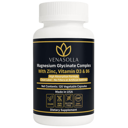 Venasolla Magnesium Glycinate 4-in-1 bottle beside glass for daily mineral balance