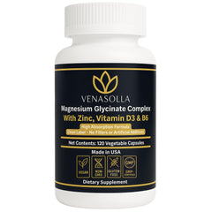 Venasolla Magnesium Glycinate 4-in-1 bottle beside glass for daily mineral balance