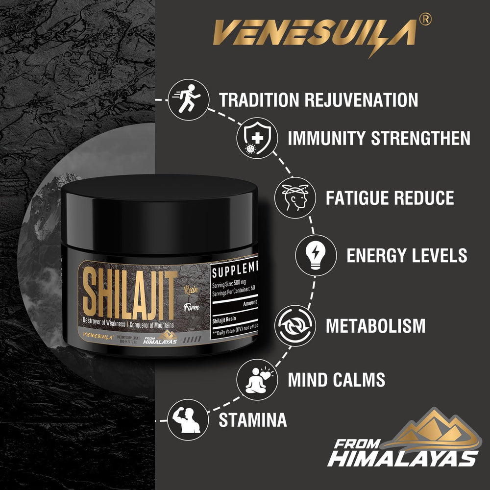 VENESUILA Shilajit resin on spoon, tar-like texture with fulvic acid richness.