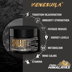 VENESUILA Shilajit resin on spoon, tar-like texture with fulvic acid richness.